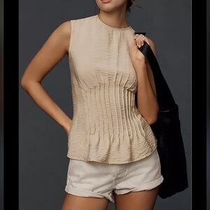 Anthropologie The Della Pleated-Waist Sleeveless Shell Top in Beige
